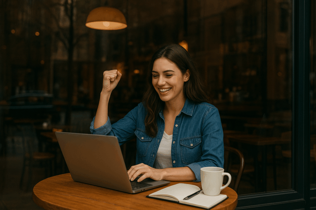 This image shows a young woman sitting at a table in what appears to be a cafe or similar establishment, working on a laptop. She has a triumphant or excited expression and is pumping her right fist in the air, suggesting she has just achieved something successful or completed a difficult task.