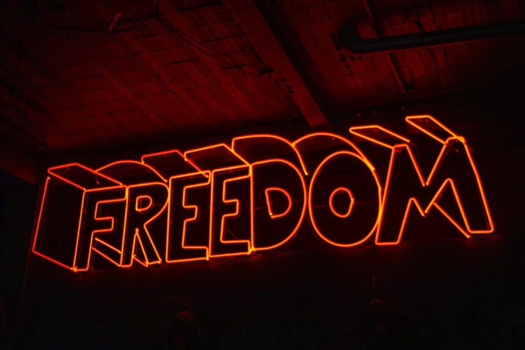 Red neon sign glowing in the dark that spells the word “FREEDOM,” mounted against a dark ceiling background.